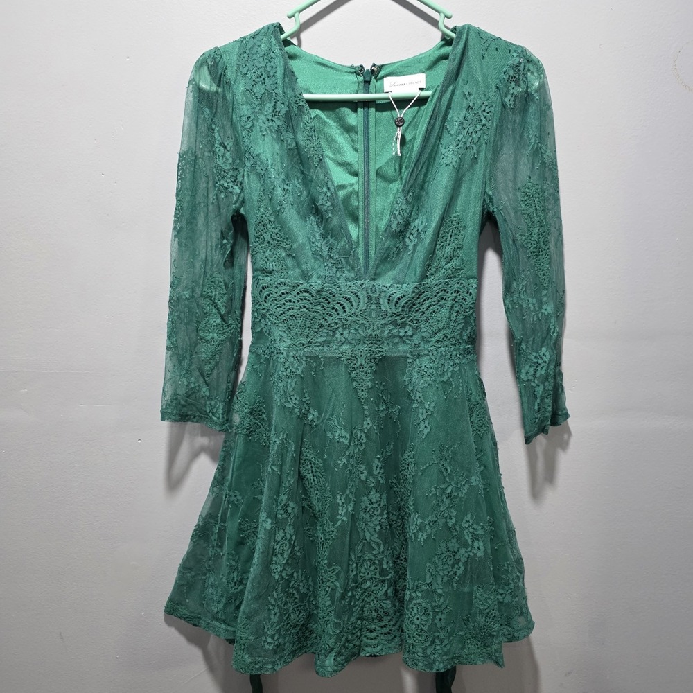 Lovers & Friends Size XS Cheryl Lace Mini Dress Green Sheer Sleeve Womens